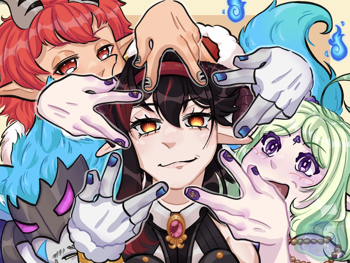 Regina Kardinal (Middle), Nanami Eiko (Right), Kiba Safir (Bottom Left), Aka Inahitsuji (Top Left) Group Picture by Pluto Regina Kardinal (Middle), Nanami Eiko (Right), Kiba Safir (Bottom Left), Aka Inahitsuji (Top Left) Group Picture by Pluto